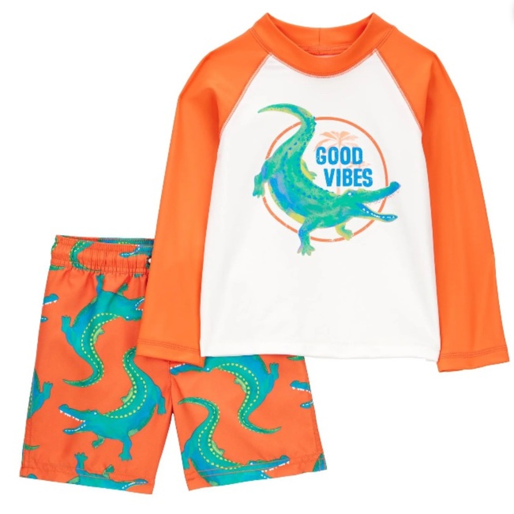 Carter's Boys 2 Piece Swim Set Rash Guard Trunk Shorts Good Vibes Alligator NWT